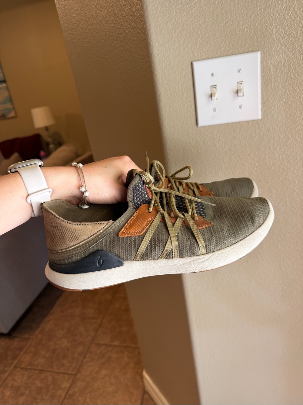 OluKai Men's Olive Green Knit Sneakers with Tan Accents